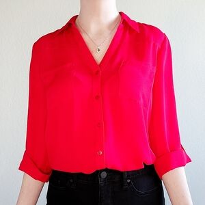 Red Button-down Shirt, 3/4 Sleeve, Size L